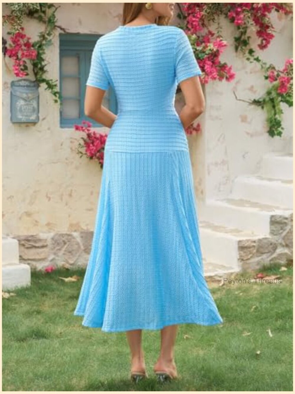 Textured Slim Fit Midi Dress with Short Sleeves and Crewneck - Picture 5 of 7